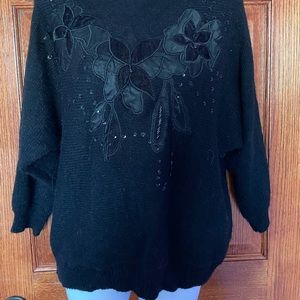 Vintage 1980s Black Knit Sweater with Floral Appliqué by Honors Misses